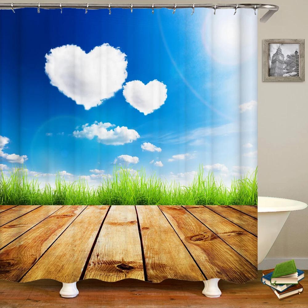 Natural landscape Blue Sky White Clouds Shower Curtains Bathroom Curtain Frabic Waterproof Polyester Bath Curtain with Hooks