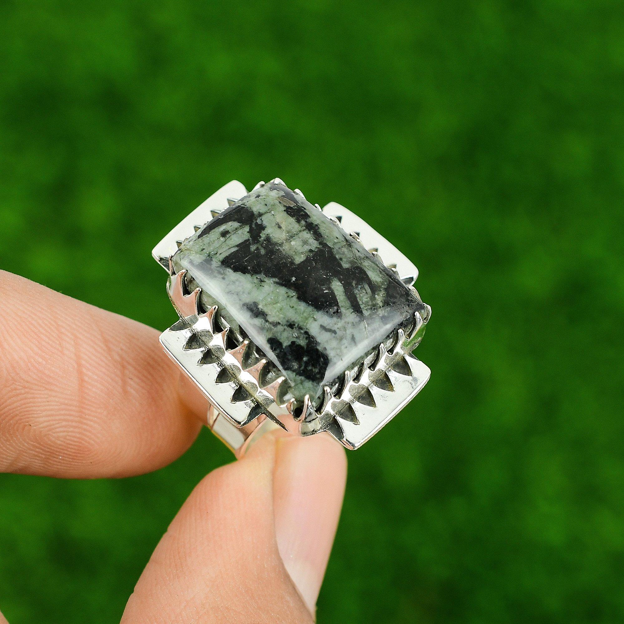 

Трендовое кольцо-солитер из стерлингового серебра 925 пробы с зеленым камнем яшма «рис», ювелирное изделие, США 7.5 7.5