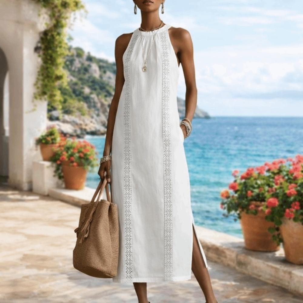 Häkel-Spitzen-Patchwork-Kleid Lockerer Schnitt Damen Sommerkleid Vintage-Stil Langer Rock Strandmode