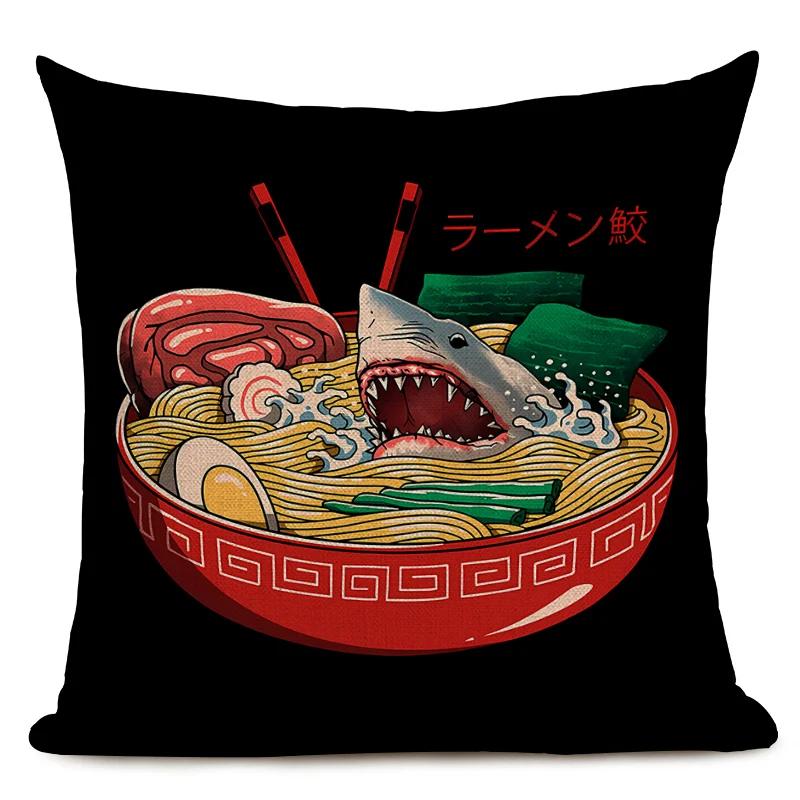 Japanese Style Decorative Cushion Cover Cute Japanese Ramen Tea Cat Octopus Pillowcase for Home Decor