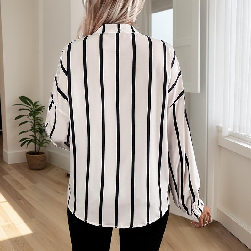 Damskie Bluzki Koszule z Nadrukiem w Paski z Długim Rękawem Moda Luźny Krój Guziki Casualowe Top na Wyjście