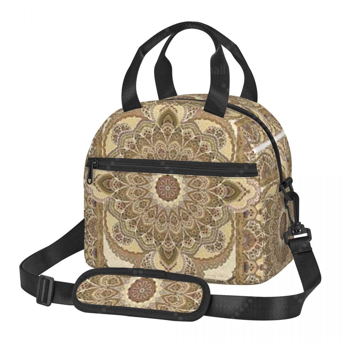 AUR1 Ethnic Floral Front & Rear Lunch Box Portable Reusable Cooler Lunch Tote Bag with Adjustable Shoulder Strap Option 1 чёрный