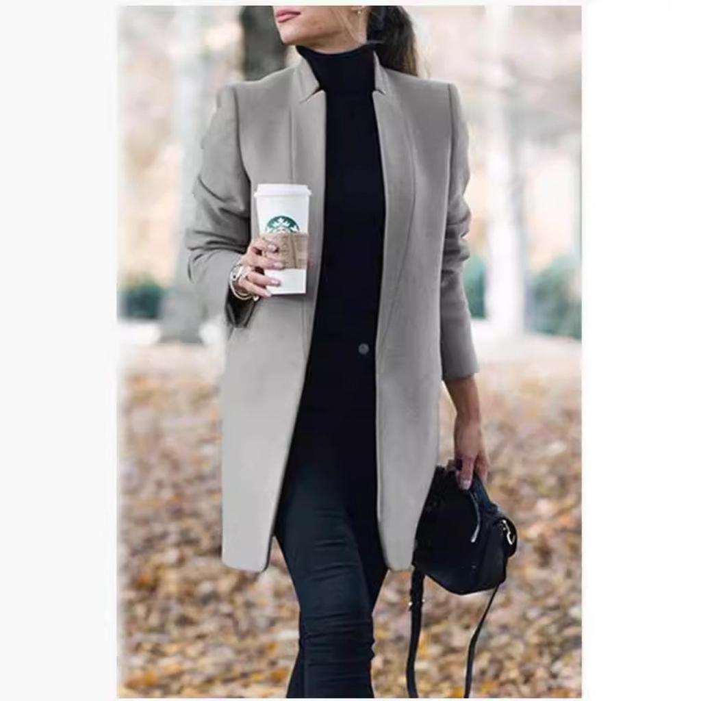 Autumn Winter New Fashion Solid Color Stand Collar Woolen Coat for Women European American Style
