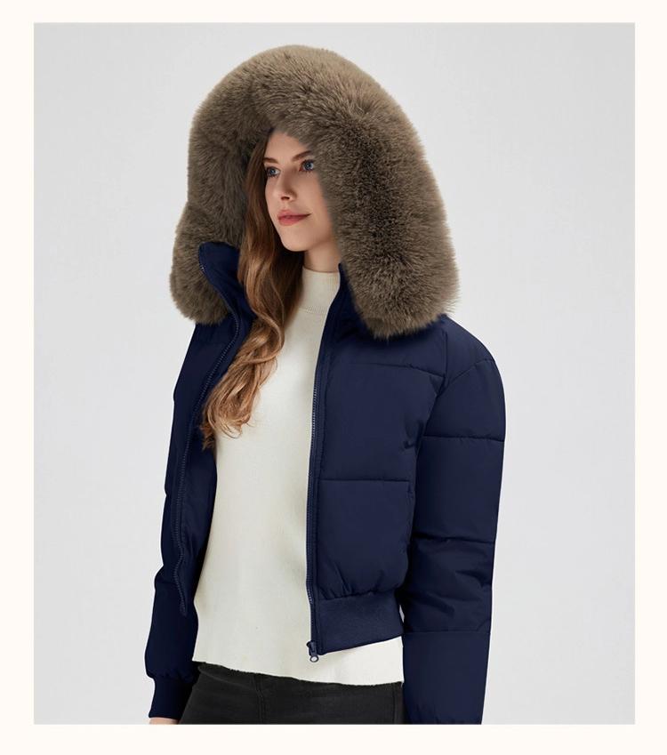 Dam Varm Pufferjacka med Stor Päls Krage Kort Förtjockad Huva Liten Dunjacka