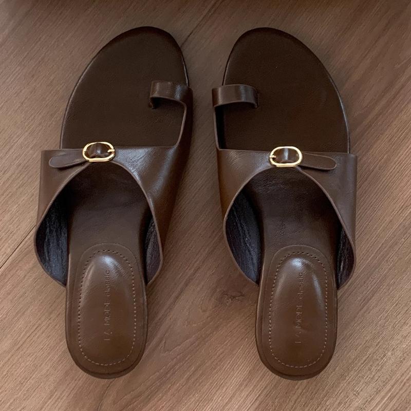 

Fashion Retro Clip Toe Chunky Heel Slippers Women Fashion Metal Buckle Design Slide Sandal Comfort Casual Beach Flip Flops Zapatos Mujer 35 коричневый