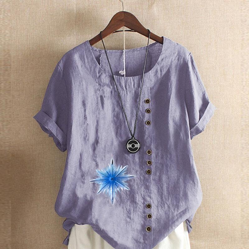 Women's Fashion snowflake Prined Round Neck Short Sleeve T-shirt Casual Cotton Linen Graphic Shirt Leisure Loose Summer Blouse Tops Plus Size