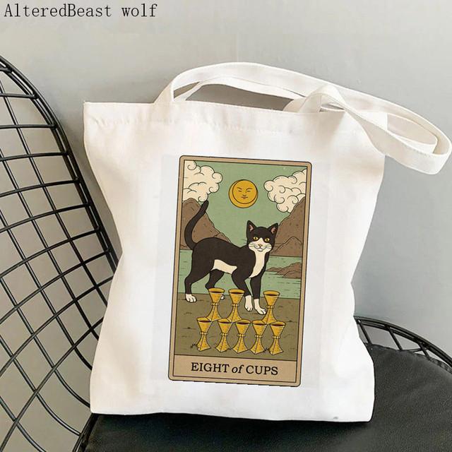 Dam Shopper bag katt Månen Tarot Tryckt Kawaii Väska Harajuku Shopping Canvas Shopper Bag flicka handväska Tote Axel Damväska