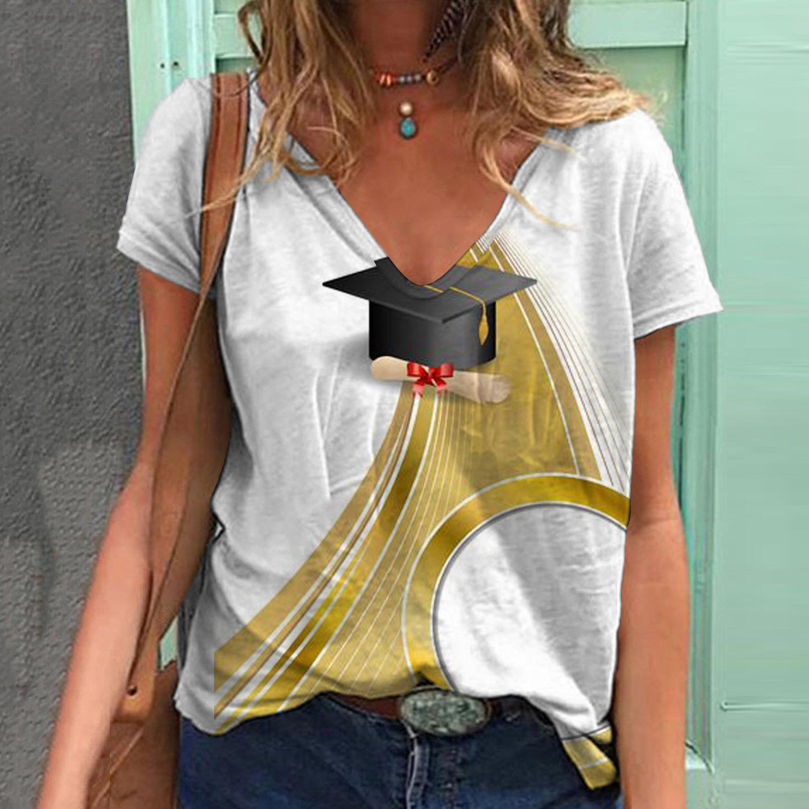 

Летний выпускной топ с V-образным вырезом 3D с принтом, модные повседневные женские футболки с короткими рукавами XS