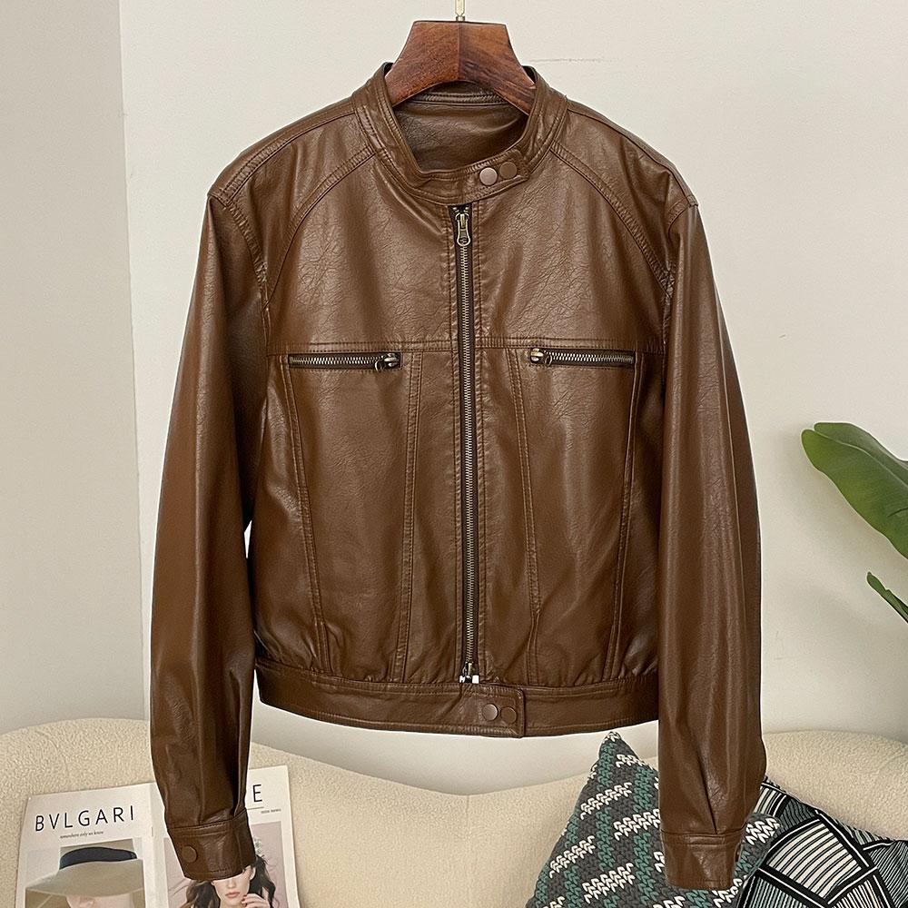 OFTBUY Women Vintage Loose Pu Faux Leather Short Jacket Pockets Motorcycle Jacket Female Zipper Retro Moto Biker Coat Outwear Tops