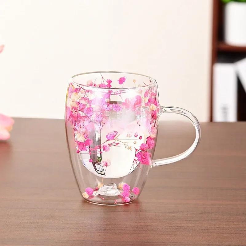 Creative  Flower Pattern Double Wall Glass Cup Clear Heat Resistant High Borosilicate Glass Coffee Mugs  Hot Cold Beer Mug Gift