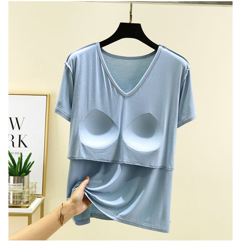 

Модальная футболка с коротким рукавом Свободная летняя с V-образным вырезом и рукавом до локтя Пижамные топы больших размеров Дышащая Легко сочетается Повседневная базовая футболка Blue L (Recommendation 40.00 kg-60.00 kg