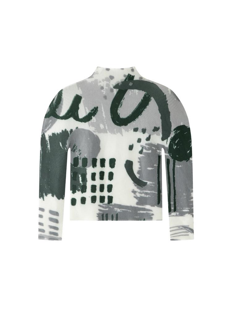 Miyake Pleats Women's High Neck Long Sleeve T-shirt - 2026 Spring/Summer Corn Kernel Abstract Print, Slim Fit.