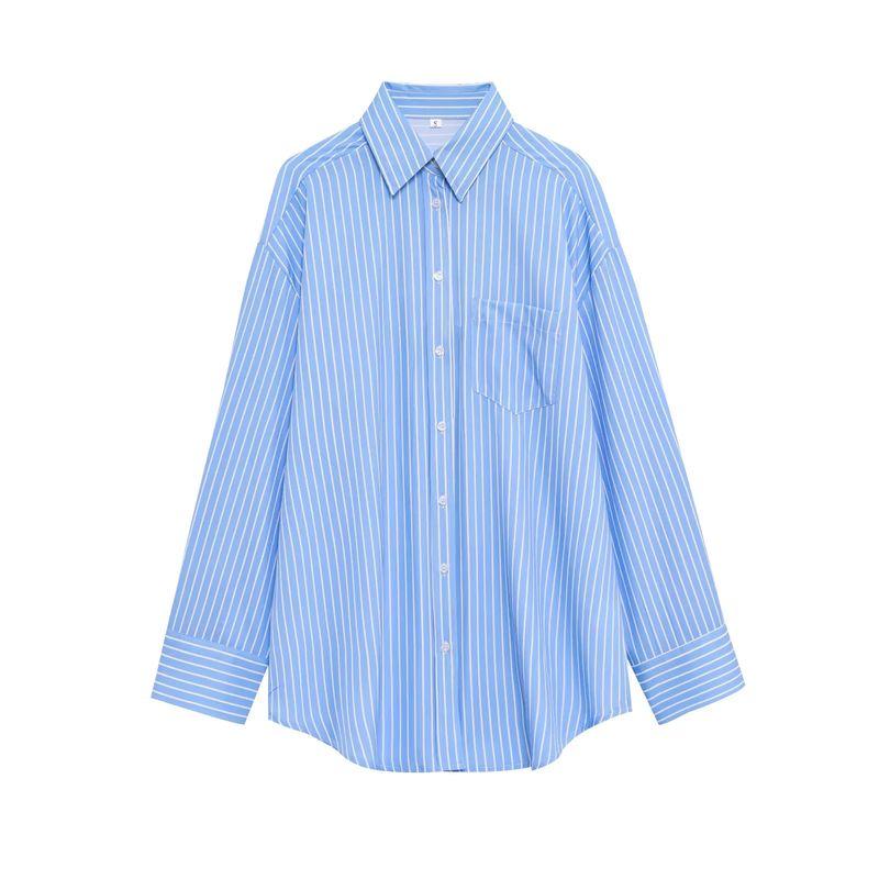 

Spring and Summer Women s Clothing French Style Pajamas Loose Casual Polo Collar Long Sleeves Stripes Shirt Tops 3217253 Blue M