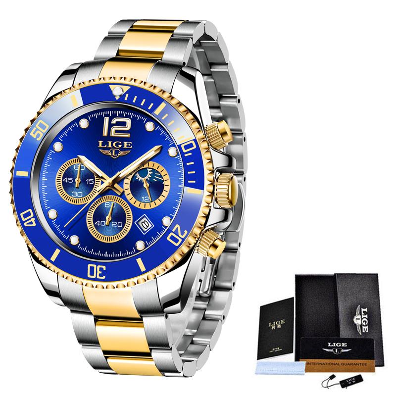 LIGE Top Brand Luxury Men Watch Business Stainless Steel Quartz Wristwatches Luminous Waterproof Watch for Men Clock Gift+Box