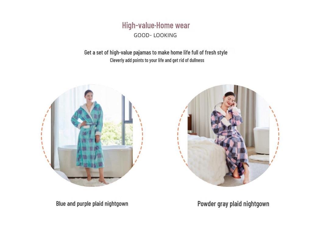 European & American Style Casual Warm Flannel Plaid Hooded Bathrobe Pajamas