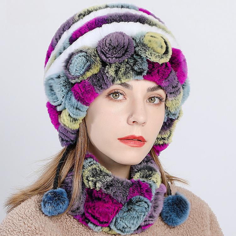 Hat Woman Winter New Rex Rabbit HairThickened and Warm Winter Versatile and Cute Fur Hat Scarf