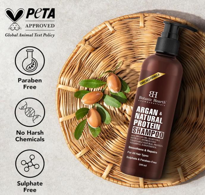Shampooing à l'argan et à la kératine Botanic Hearth avec 100 % d'huile d'argan pure et d'extraits d'aloès Shampooing pour femmes et hommes 200 ml