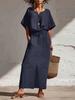 Women V Neck Short Sleeve Maxi Dress with Elastic Waist and Front Slit Casual Loose Fit Summer Dress