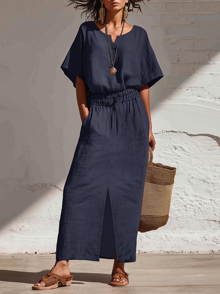 Women V Neck Short Sleeve Maxi Dress with Elastic Waist and Front Slit Casual Loose Fit Summer Dress