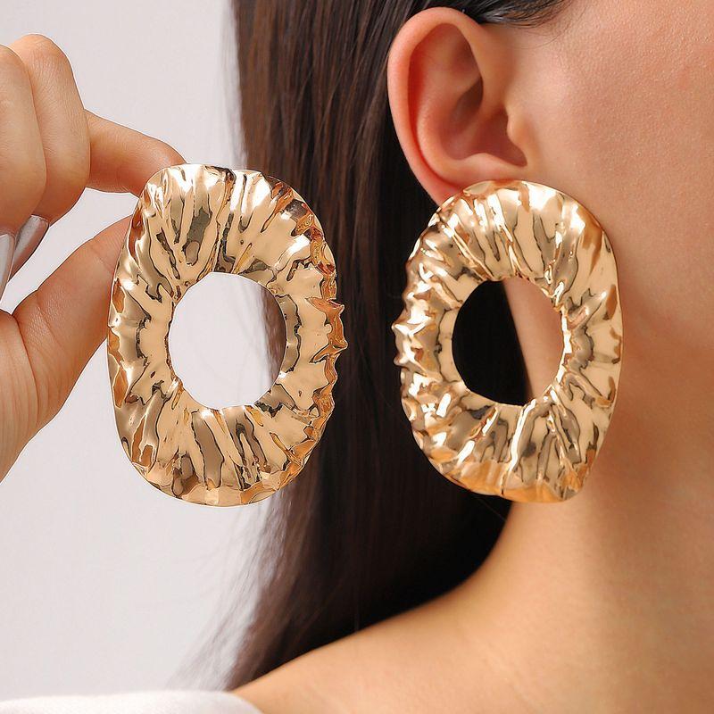 Europe and America Cross Border Retro Exaggerated Metal Lava Ruched Texture Stud Earrings Asymmetrical Geometric Earrings Earrings for Women