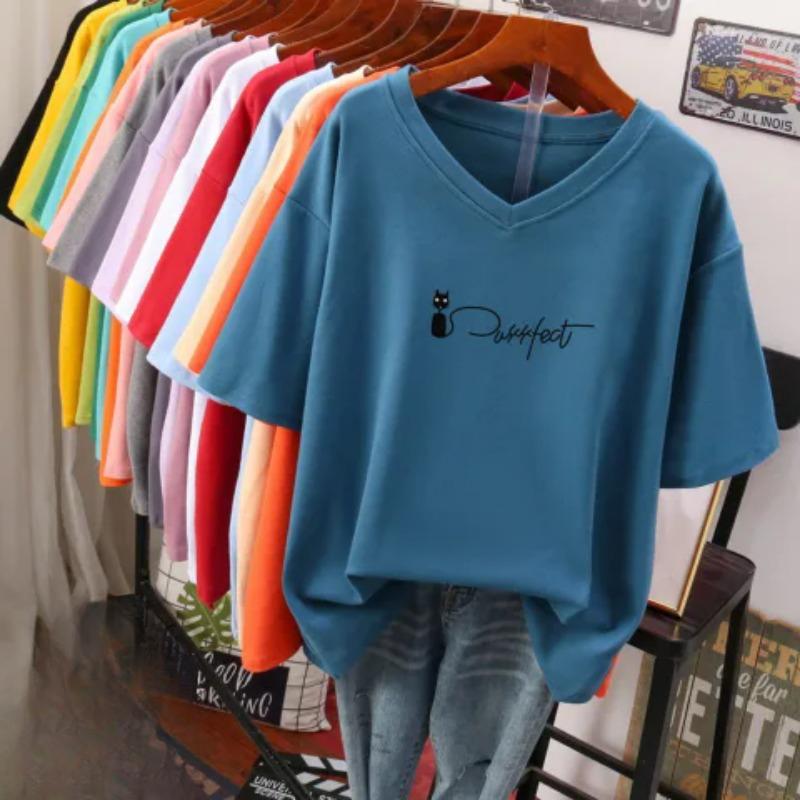 Short-sleeved T-shirt for Women, Large Size, Loose and Slimming, Printed V-neck Top