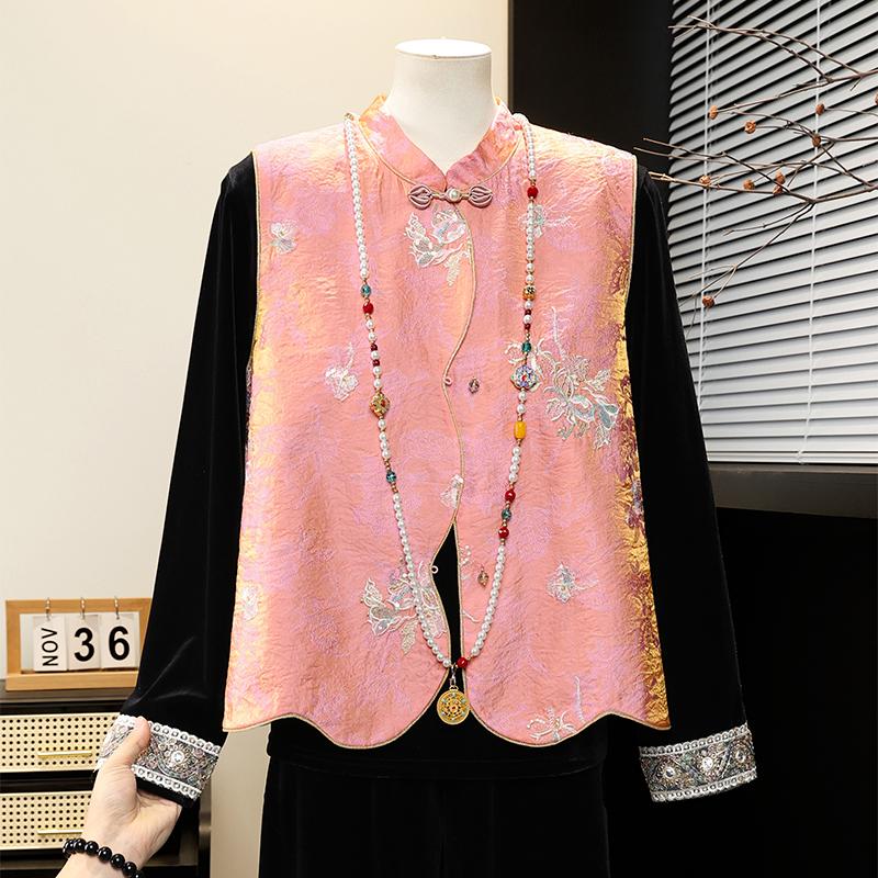 

Elegant Spring Embroidered Vest for Mothers - Stand-up Collar with Frog Button, Slimming Fit for Middle-aged and Elderly Women XL (100-115 lbs)