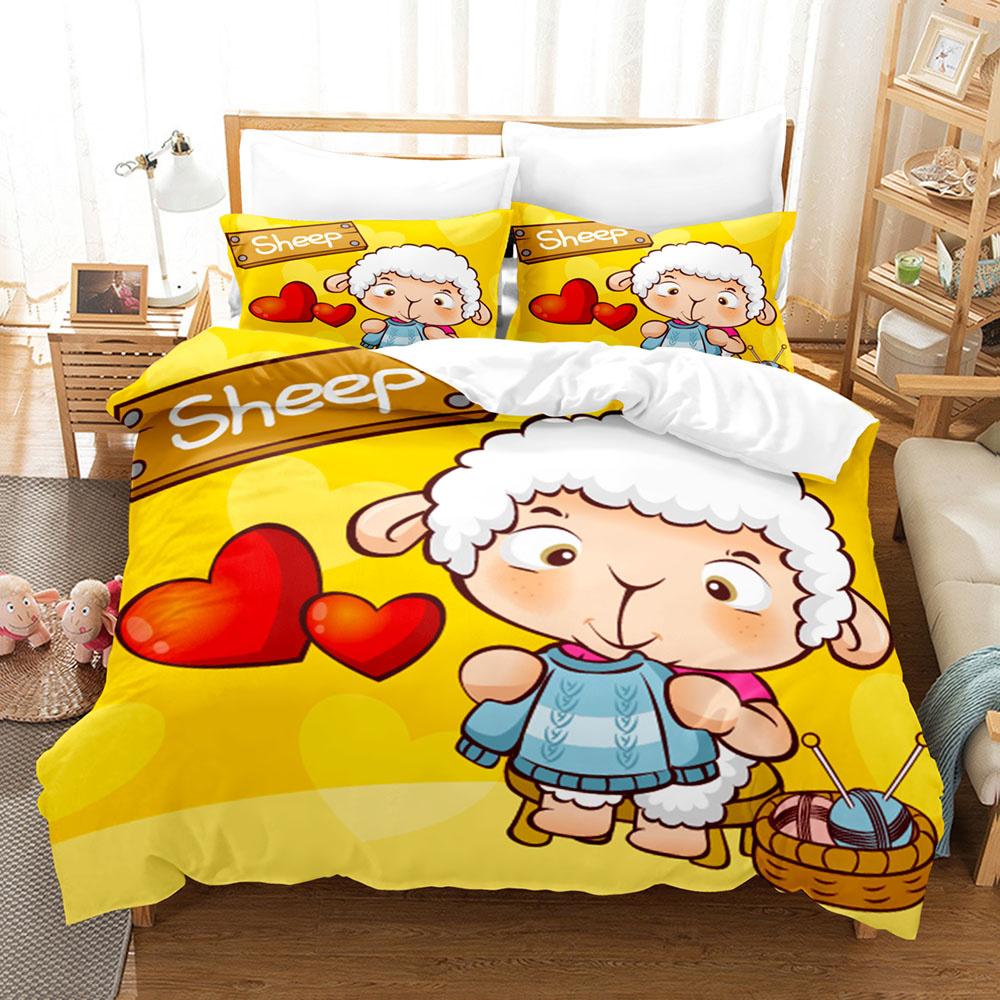 Cartoon Sheep Duvet Cover Set Cute White Sheep Flowers Pattern King Queen Full Size For Kids Boy Girl Gift Polyester Bedding Set