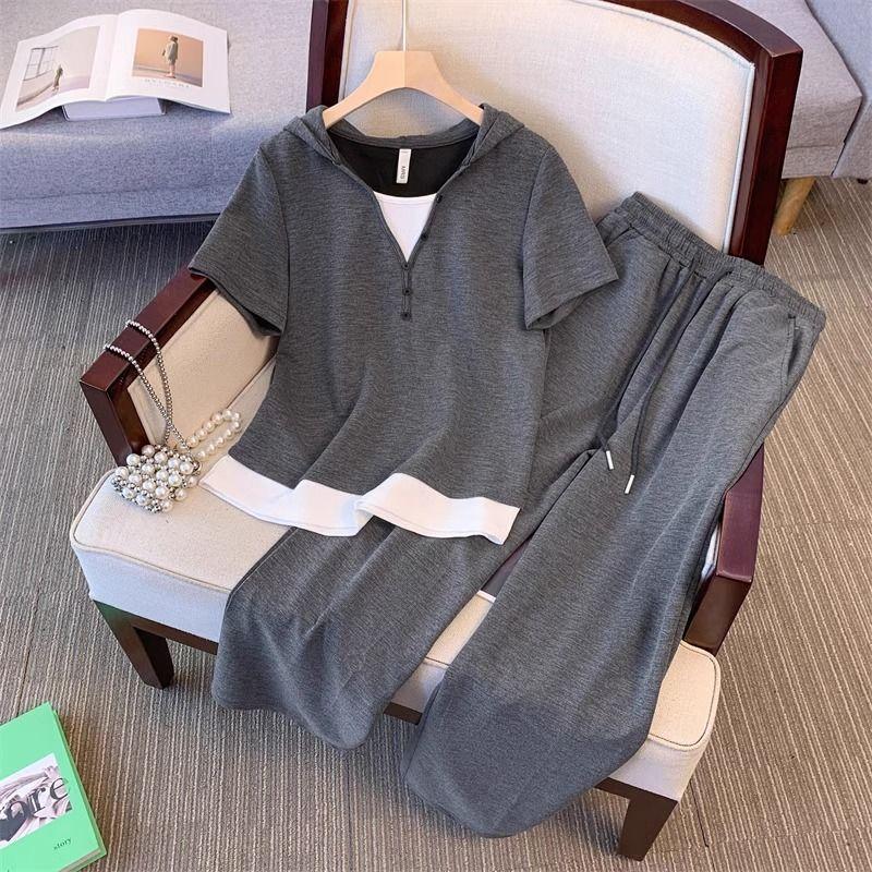 

Design Sense Fashion Sports Suit Women s Large Size Summer Short-sleeved Fashion Casual Fashionable Two-piece Suit S