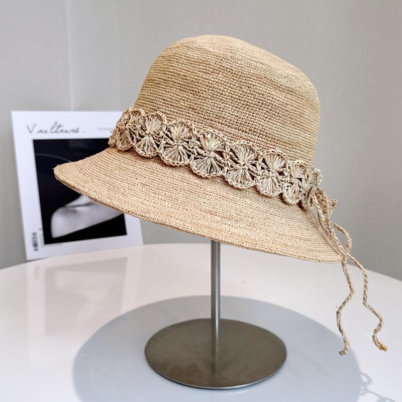 Hand woven lace ribbon Fisherman hat Women's summer hand hook Raffia pot hat High quality everything stylish beach hat