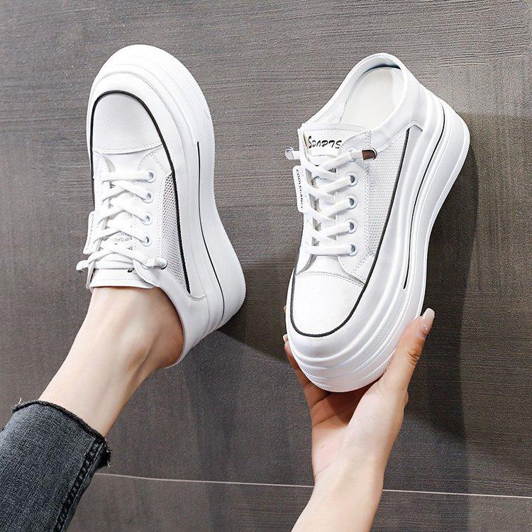 Women's Mesh Bread-Toe Slip-On Shoes: Thick Sole, Summer Style, No Heel, 8CM Height Boost, Half-Slip, White.