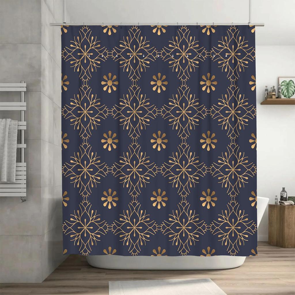 Luxury Floral Blue Bathroom Shower Curtain Waterproof Washable Decorative Home Decor Customizable Size Available Black Gold Fabr