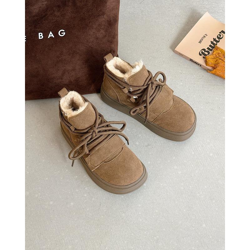 Leather Thick-soled Snow Boots Women's 2025 Winter New Velvet Thickened Thermal Lace-up Cotton Boots Heightening Casual Short Boots