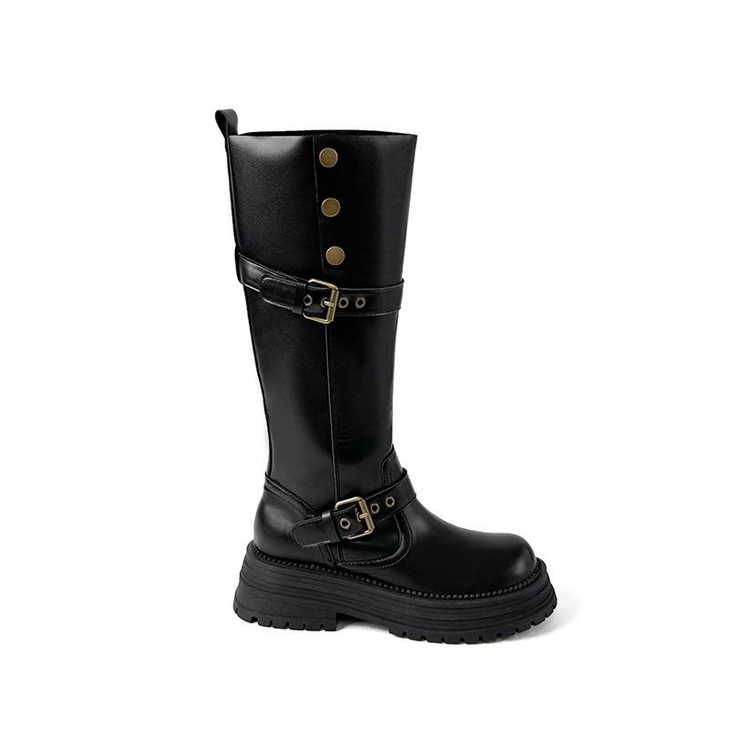 Cowhide Version~ Retro British Style Thick Heel Thick-soled Boots Women's Autumn and Winter Heightening Boots Slim Tall Knight Boots