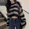 Gothic Ladies Sweater Crew Neck Long Sleeve Striped Cropped Knit Sweater Y2K Sexy Top Off-the-shoulder Zipper Design New Fashion