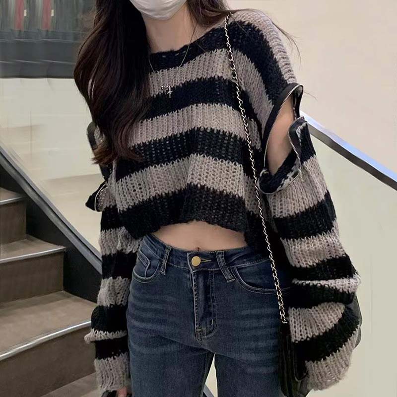Gothic Ladies Sweater Crew Neck Long Sleeve Striped Cropped Knit Sweater Y2K Sexy Top Off-the-shoulder Zipper Design New Fashion