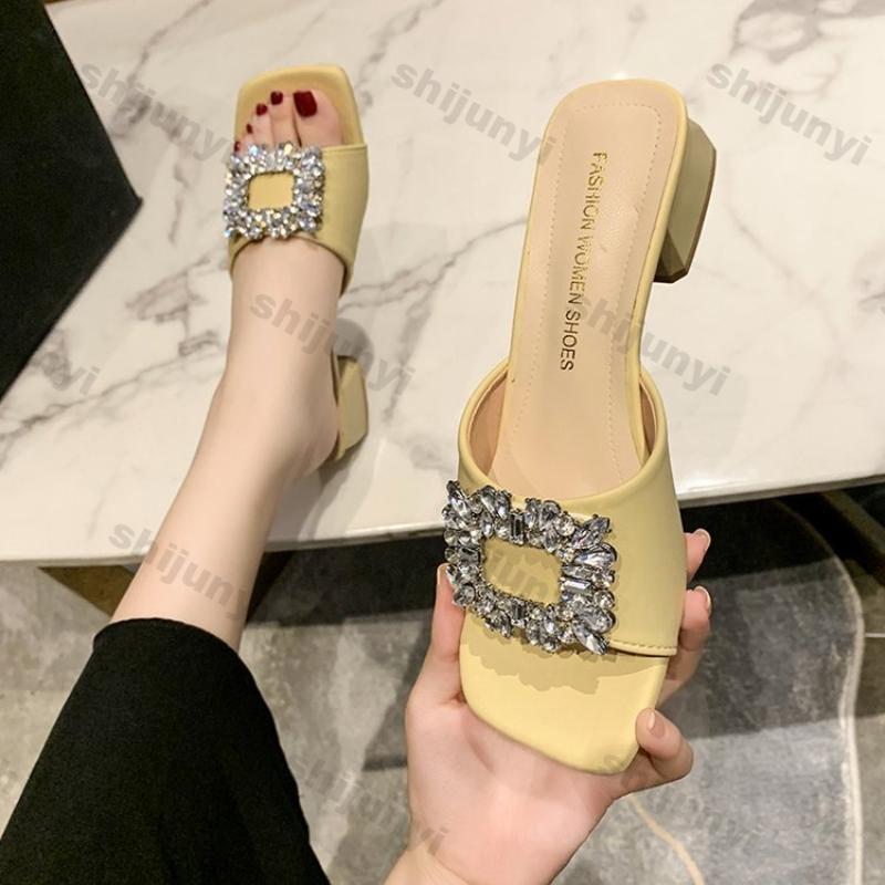 Women's Thick Slippers Summer New High Heels Square Head Open Toe Flip-flops Casual Fashion Sweet Diamond Square Buckle Sandals