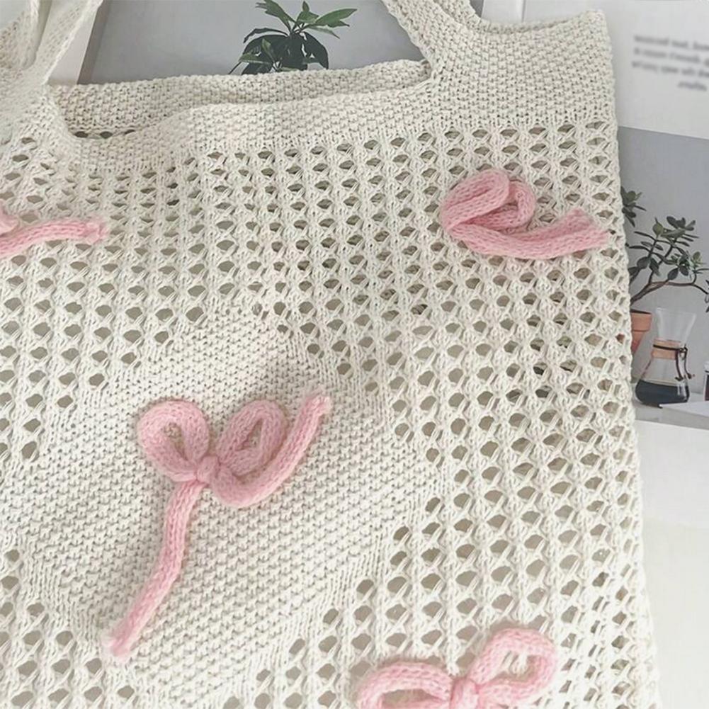 Women Bowknot Crochet Tote Bag Hollow Out Retro Bow Woven Bag Casual Knitted Bow Beach Bag Cute Shoulder Bags for Summer Travel