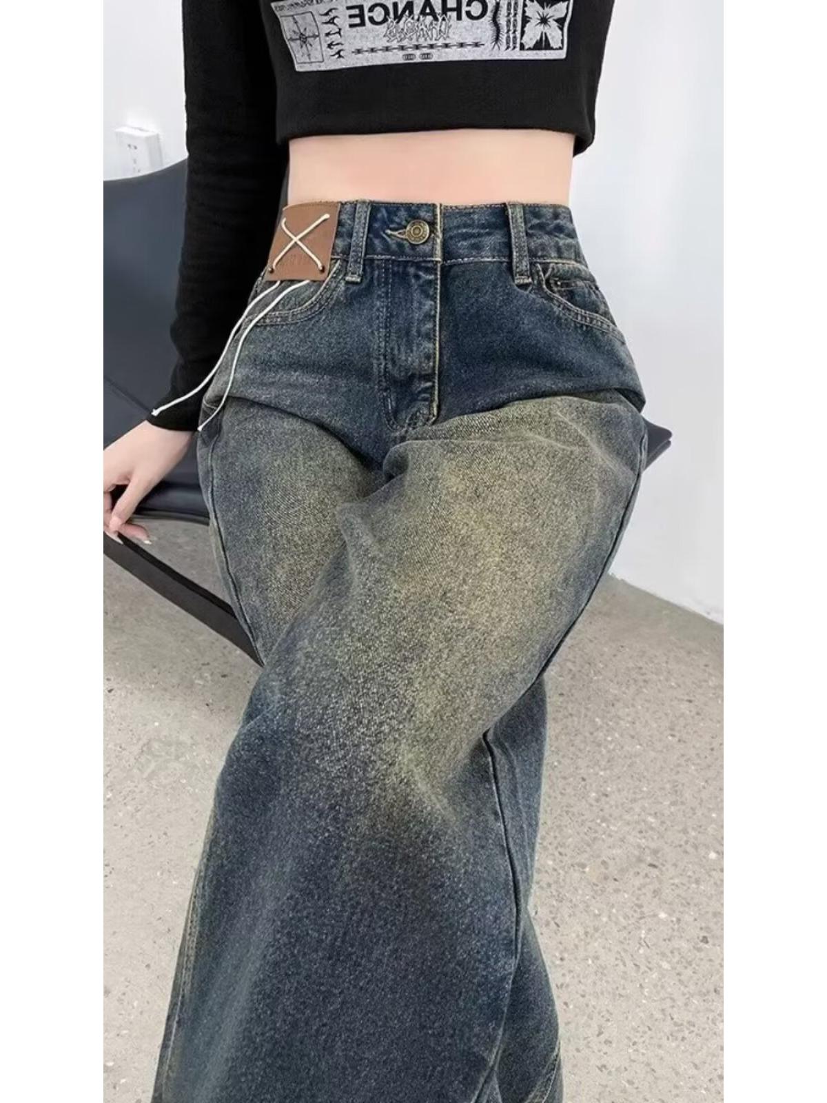 

Retro Blue Wide-Leg Jeans for Pear-Shaped Women - Spring/Autumn, Floor-Length, Loose Fit XS