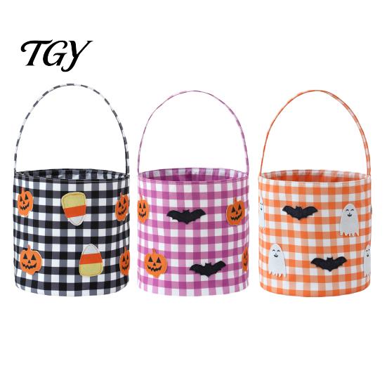 Reusable Candy Totes Halloween Bucket, Trick or Treat Basket for Kids Boys Girls, Plaid Pumpkin Autumn Scene Accessories Bat Ghost Tote Bag