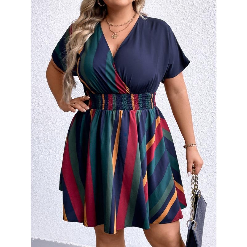 Vestido de Verano para Mujer Talla Grande Cuello en V Rayado Entallado Manga Corta