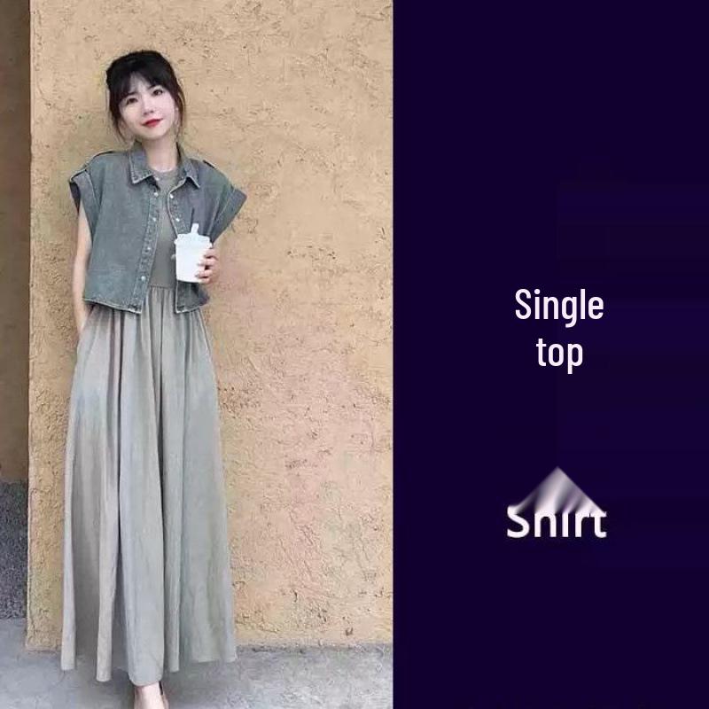 Tea-Toned Summer Chic: Salt-Style Denim Jacket & Dress Set - Trendy, Youthful, and Elegant.