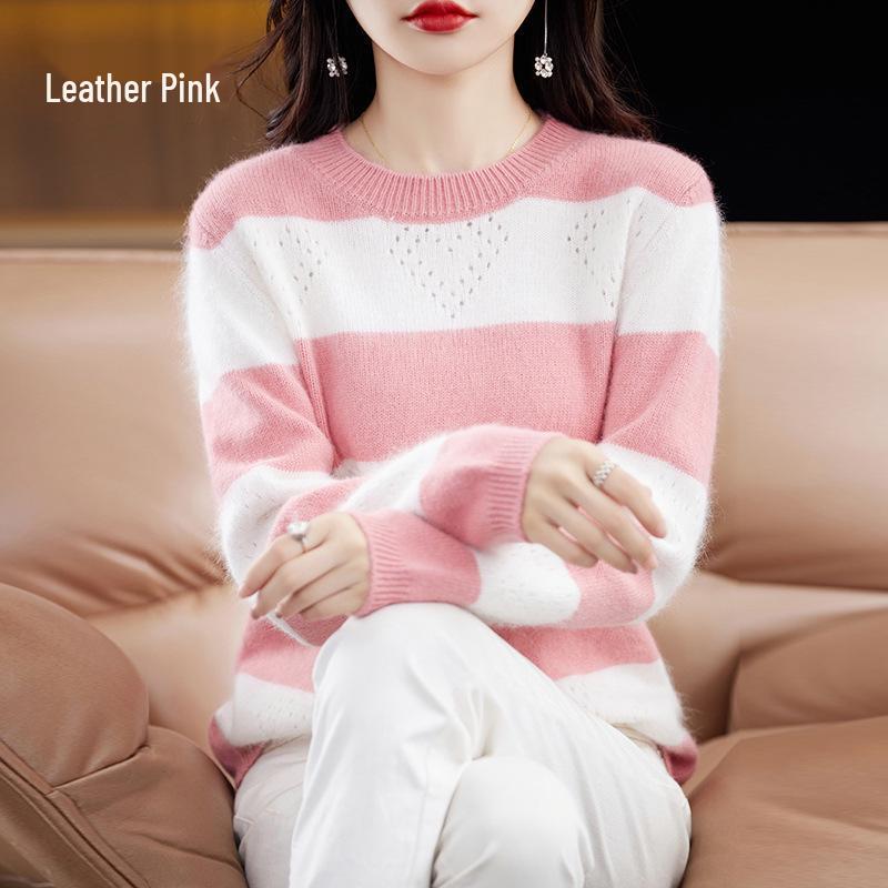 Women's Thickened Mink Velvet Striped Sweater for Autumn/Winter - Round Neck, Long Sleeve Knit Base Layer