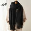Oversized Cozy Winter Scarf Thickened Imitation Rabbit Velvet with Tassels for Women Solid Color Stylish Long Draped Neck Wrap Warm Shawl,