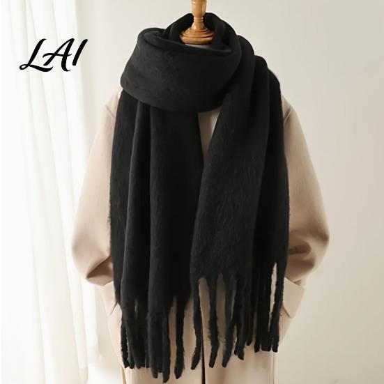 Oversized Cozy Winter Scarf Thickened Imitation Rabbit Velvet with Tassels for Women Solid Color Stylish Long Draped Neck Wrap Warm Shawl,