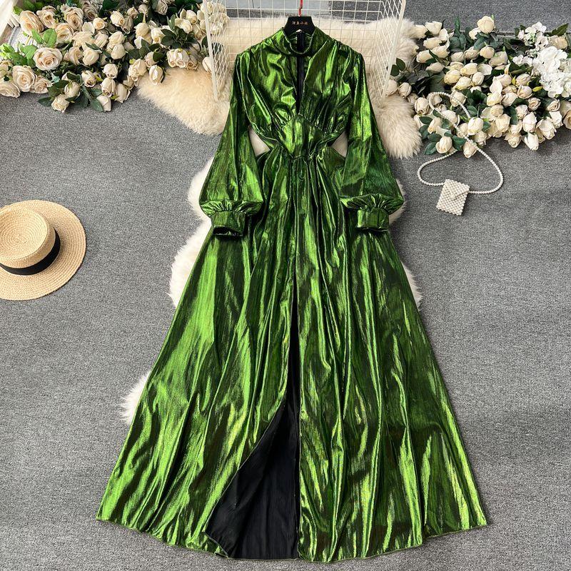 

Модный стиль Элегантное платье Весеннее женское нарядное Глубокий V-образный вырез Водолазка Приталенное Длинное платье с разрезом до пола Green L