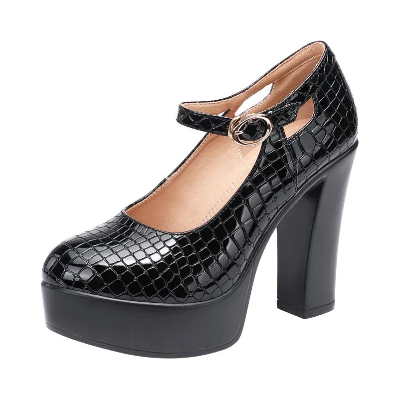 Small Size 32-43 Black Genuine Leather Shoes Shallow Platform Pumps Women 2025 Block High Heels Mary Jannes for Office Model Mom