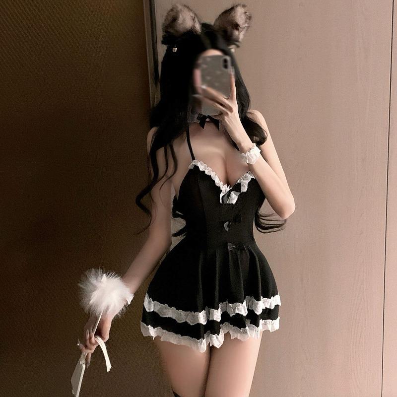 Sexy Lingerie Hot Halter Suspender Dress Uniform Sexy Deep V Perspective Little Maid Cosplay