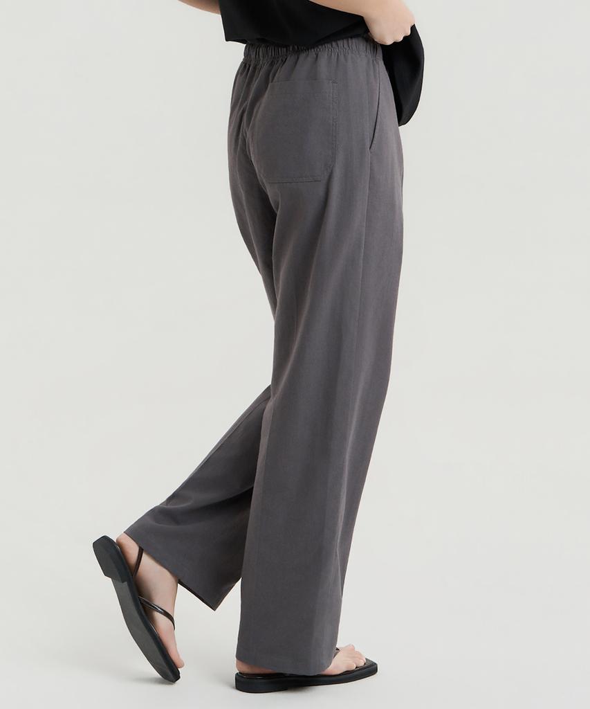 Delma W Linen Touch Semi-Wide Elastic Waist Pants - Charcoal