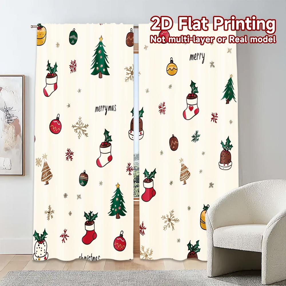 2pcs,Curtains Christmas Ornaments Trees Holly Jingles Popular Print Curtains Versatile Durable Polyester Curtains Versatile All