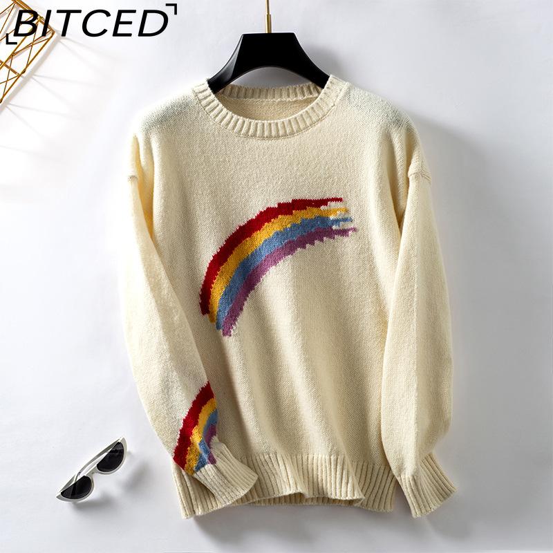 BITCED Autumn/Winter Women s Fashion Rainbow Stripe Jacquard Knit Jumper S абрикосовый